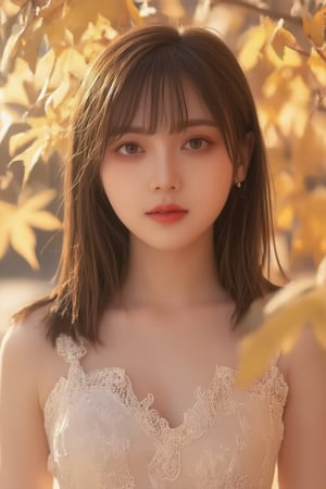 A stunning Korean girl poses confidently in a picturesque forest setting, surrounded by vibrant autumn maple leaves. She wears a delicate white lace dress that highlights her toned upper body and accentuates her impressive bust, with long black hair framing her face and bangs gently falling across her forehead. Her bright brown eyes sparkle with joy as she gazes directly at the viewer, exuding happiness and contentment. The soft sunlight filters through the trees, casting a warm glow on her features. (face close-up:1.4),Dòu Bàn Jiàng