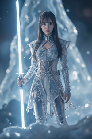 Dòu Bàn Jiàng, beautiful girl with very long hair and bangs holds a white lightsaber frozen in an ice crystal cave at dusk. The scene is captured from a low angle, highlighting the elaborate mechanical details of her attire. Soft blue lighting creates shimmering reflections on the ice surfaces, with subtle steam emphasizing the cold atmosphere. The background features towering ice formations, all blurred to accentuate the main subject's stillness. The darkening sky enhances the overall mysterious atmosphere.

(1.6-1) d S = δ Q rev T::0.2 Dòu Bàn Jiàng::0.8 ice crystal cave --s cinematic,Lightsaberpose,IceElement,IceFros.