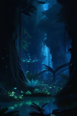 Background concept for the movie “Avatar”, bioluminescent forest, alien planet, beautiful landscape, alien plants