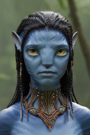 female na’vi, alien, female, blue skin, colored skin, pointed ears, freckles, light yellow eyes, braided black hair, tribal forest jewelry, skin details, bust shot, blank white background, visual dictionary, facing the viewer,More Reasonable Details