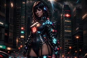 In this breathtaking 32k quality CG masterpiece, a stunning dark-haired beauty poses nude against the majestic backdrop of a futuristic crowded cyberpunk city, in a sleek futuristic highrise. Her full body and exotic features shine with HDR precision: piercing blue eyes, delicate facial structure, and alluring dimples. God rays and perfect shadows accentuate her curves, showcasing her firm, full breasts, and succulent derrière creating a sense of futuristic allure.  dramatic, detailed lighting.
