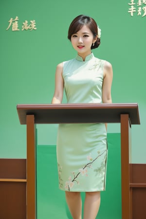 1girl age 28,  facing audience,  light green cheongsam, stand on the rostrum, speech, professional,