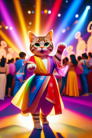 A cute anthropomorphic cat enthusiastically showing off its beautiful outfits on a convention stage, surrounded by an excited crowd and colorful decorations, with vibrant lighting highlighting the scene.