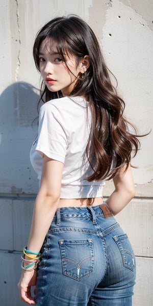 Asian influencer, beautiful woman, long wavy hair, trendy fashion outfit (crop top, high-waisted jeans, sneakers), stylish accessories (earrings, bracelets), vibrant makeup, at school wall, back_pack, Best Quality, 32k, photorealistic, ultra-detailed, finely detailed, high resolution, perfect dynamic composition, beautiful detailed eyes, sharp-focus, cowboy_shot

