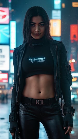 (Highest quality, Ultra HD, 16k, Masterpiece), a photo of rashmika as a sleek, futuristic assassin in a high-tech tactical crop top that exposes her toned midriff and highlights her navel with a glowing, holographic insignia. She stands in the shadows of a towering, neon-lit city, her poised and confident stance suggesting danger. Behind her, skyscrapers loom with holographic billboards flashing through the rain, while her exposed midriff adds a striking contrast to her dark, stealthy attire, smile