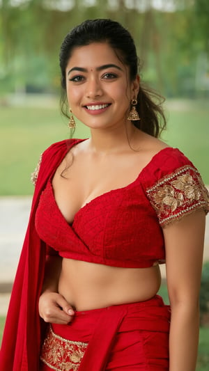 A photo of a sexy curvy rashmika wearing a traditional Indian red blouse with golden embroidery, tied in the front to reveal her midriff and navel. The blouse has short sleeves adorned with intricate gold detailing, and she pairs it with a matching red lehenga skirt that features a decorative golden border. Her accessories include floral gajra in her neatly tied hair, small earrings, and minimal makeup, highlighting her natural beauty. Her slim, toned body and soft curves are visible, standing confidently in a park setting, smiling warmly. The image is captured in DSLR quality, showcasing her glowing skin and expression, VNS_Add more details, Detailed skin