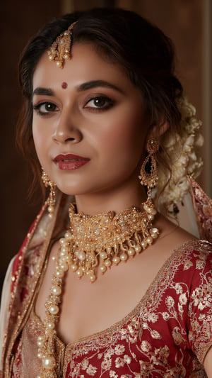 (Highest quality, Ultra HD, 16k, Masterpiece), A photo of a sexy keerthy as an Indian bride, headshot, DSLR QUALITY 