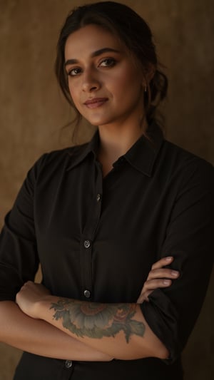 keerthy suresh, a woman in black shirt with her arms folded against , in the style of tattoo, normcore, dark silver and dark gold, happycore, focus on joints/connections, effortlessly chic, palewave --ar 9:16 --stylize 750 --v 6