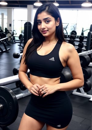 Lovely cute hot Alia Bhatt, acute an Instagram model 22 years old, full-length, long blonde_hair, black hair, winter, on a gym , Indian, wearing a sexy gym dress, Lives text on top, thin shaped_body,