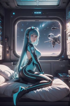 (masterpiece), science fiction, scenery,  1girl, short hair, bangs, aqua hair color, light blue eyes, mecha headgear, sci-fi bodysuits, In the space station room of the universe, The girl is 18 years old, with big eyes, a pear-shaped figure, beautiful and moving. She is wearing a tight-fitting dress full of technology, science fiction, future technology headphones, bracelets, cyberpunk style. The room is full of high-tech electronic equipment, and the bed is close to the floor-to-ceiling glass, where you can see the galaxy and the distant earth through the window. Highly detailed, in the style of Makoto Shinkai’s movies. 8K