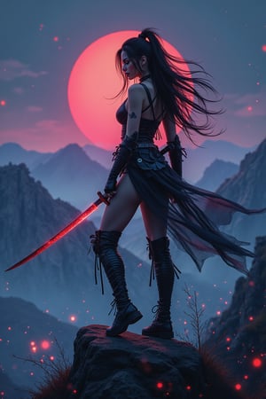 una mujer muy sexy de pie en la cima de una montaña con una espada, very beautiful cyberpunk samurai, la guerra nocturna se desata detrás de él, Gran composición cinematográfica, tendencia en CGSociety art, tendencia en artstation.', tendencia en CGSociety, [ tendencia en CGSociety ]!!, composición intrincada y épica, Beeple cinematográfico,