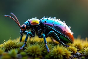 A 8K realistic image of an Empusa pennata, crafted from ultra-detailed robotic parts with metallic sheens in vibrant colors. The insect sits atop a bed of damp moss, its body glistening with dew droplets that refract the soft, diffused light. Framed against a subtle greenish hue, the subject's iridescent wings and shimmering exoskeleton seem to radiate an otherworldly glow, as if infused with microscopic life.