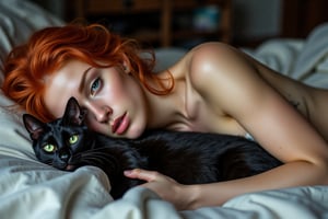 Una bella y sexy mujer RED HAIR desnuda, de cuerpo y cara perfectoas, curvas perfecyas y culo perfecto
La mujer esta recostada en la cama, sosteniento un bello gato negro de ojos verdes 
La mujer posa desnuda muy sensual y sexy, deja ver sus pezones
Imegen Hyper-realista 8K con todo los detalles HD de la IA
