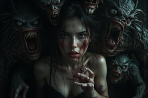 Imagen Hyper-realista de una sexy mujer de pie, grita, horror, monstruos, tentáculos, fantasmas, gritos, horror, atmósfera oscura, humo negro, sudor, sangre, contraste, surrealista. Una mujer muy sexy asustada llorando y gritando ,ojos muy abiertos de espanto, saca la mano como pidiendo ayuda intentando salir de la cacofonía de pesadilla que la rodea. Monstruos grotescos con fauces abiertas y miembros retorcidos gritan en silencio, con los rostros contorsionados de rabia. Tentáculos sombríos y espectros etéreos se arremolinan amenazadoramente alrededor de su cabeza. Imegen Hyperrealista 8K muy alta calidad y definicion.