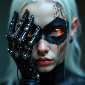 Hyper-realistic futuristic cyborg portrait, a blend of human and machine, detailed mechanical hand with black metal and leather covering obscuring half the face, pale complexion with subtle blush, vivid orange and blue glowing eye, intricate scars and cryptic tattoos resembling circuit patterns on the skin, silver septum piercing, metallic implants integrated with organic flesh, strands of silver hair contrasting with sleek dark metal textures, a haunting and beautiful fusion of humanity and technology, ultra-detailed, cinematic lighting, 8k resolution, sci-fi cyberpunk aesthetic, ethereal and enigmatic atmosphere. --ar 9:16 --style raw --stylize 200 --v 6.1