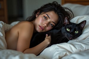 Una bella y sexy mujer ASIATICA desnuda, de cuerpo y cara perfectoas, curvas perfecyas y culo perfecto
La mujer esta recostada en la cama, sosteniento un bello gato negro de ojos verdes 
La mujer posa desnuda muy sensual y sexy, deja ver sus pezones
Imegen Hyper-realista 8K con todo los detalles HD de la IA
