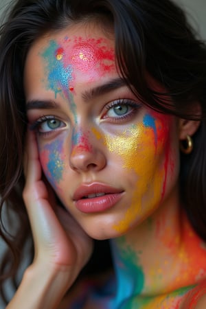 Kawaii art style, very beautiful 24 year old sexy woman stained with multi-colored paint, very elaborate and detailed, very fine intricate details, very contrasting shadows, very strong overhead lighting, no noise, 2k resolution, very focused, hands with five fingers of normal proportions