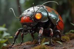  cockroach mecánica , diseño cibernético muy detallado, oxidada, engranajes intrincados, placas metálicas, grandes ojos compuestos amarillos vivos con un contraste sorprendente, cara aerodinámica con pernos y remaches visibles, juntas articuladas y extremidades hidráulicas, con una pequeña chapa metálica brillante que ponga el texto "Riky" visible en se cabeza, pies afilados en forma de garras, espalda puntiaguda y blindada con cableado expuesto, esquema metálico de color rojo con acabado metálico pulido, sobre un tronco podrido lleno de musgo y humedo con gusanos e insectos, hiperrealista, muy detallado, esencia futurista y robótica pero animal, renderizado 3D, fotorrealista --ar 9:16 --style raw --stylize 200 --v 6.1