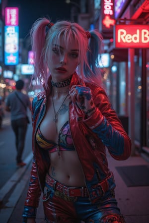 imagen completa de Harley Quinn con los colores y publicidad de la marca "RedBull", al fondo un cartel de la misma marca y un letrero de neon con el texto "Riky.IA" Imagen Hyper-realista (k con altos detalles de IA
