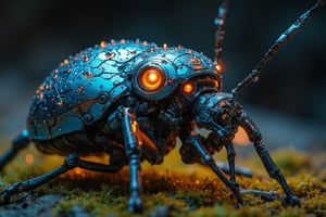 A close-up shot of a robotic Agrotis spp, crafted from ultra-detailed metallic pieces in vibrant colors, situated on a humid mossy surface. The robot's body glistens with tiny rivulets of condensation, resembling delicate veins, as dew droplets cling to its surface like microscopic jewels. The lighting is dimly lit, with a warm glow emanating from the surrounding environment, accentuating the intricate textures and metallic sheen.