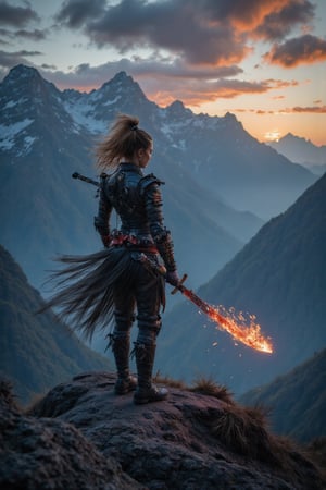 una mujer muy sexy de pie en la cima de una montaña nevada con una espada de fuego, very beautiful cyberpunk samurai, la guerra nocturna se desata detrás de él, Gran composición cinematográfica, tendencia en CGSociety art, tendencia en artstation.', tendencia en CGSociety, [ tendencia en CGSociety ]!!, composición intrincada y épica, Beeple cinematográfico, Imagen Hyper-realista 8K