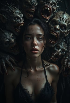 mujer, grita, horror, monstruos, tentáculos, fantasmas, gritos, horror, atmósfera oscura, contraste, surrealista. Una mujer sexy desnuda asustada llorando y gritando , cubierta de sudor y baba negra, saca la mano intentando salir de la cacofonía de pesadilla que la rodea. Monstruos grotescos con fauces abiertas y miembros retorcidos gritan en silencio, con los rostros contorsionados de rabia. Tentáculos sombríos y espectros etéreos se arremolinan amenazadoramente alrededor de su cabeza. Imegen Hyperrealista 8K muy alta calidad y definicion.