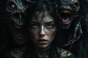 Imagen Hyper-realista de una sexy mujer de pie, grita, horror, monstruos, tentáculos, fantasmas, gritos, horror, atmósfera oscura, humo negro, sudor, sangre, contraste, surrealista. Una mujer muy sexy asustada llorando y gritando ,ojos muy abiertos de espanto, saca la mano como pidiendo ayuda intentando salir de la cacofonía de pesadilla que la rodea. Monstruos grotescos con fauces abiertas y miembros retorcidos gritan en silencio, con los rostros contorsionados de rabia. Tentáculos sombríos y espectros etéreos se arremolinan amenazadoramente alrededor de su cabeza. Imegen Hyperrealista 8K muy alta calidad y definicion.