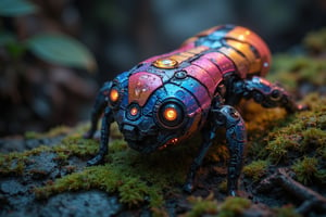 A close-up shot of a robotic Sceliphron caementarium, crafted from ultra-detailed metallic pieces in vibrant colors, situated on a humid mossy surface. The robot's body glistens with tiny rivulets of condensation, resembling delicate veins, as dew droplets cling to its surface like microscopic jewels. The lighting is dimly lit, with a warm glow emanating from the surrounding environment, accentuating the intricate textures and metallic sheen.