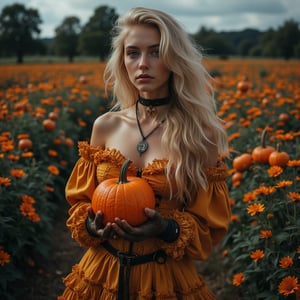 Fotografía artística de temática otoñal y fantasía, ambientada en un campo de calabazas. El elemento principal es una modelo en un elaborado vestuario de estilo victoriano/steampunk adaptado con elementos de Halloween:

Mujer joven de unos 20 años, blonde, ojos claros grandes, cuerpo y cara perfectos, muy sexy

Vestimenta principal:
- Corsé estructurado en tono melocotón/champagne con detalles de encaje y cordones negros
- Falda muy corta voluminosa con múltiples capas de tela y encaje en el mismo tono
- Mangas off-shoulder con volantes y detalles fruncidos
- Botas altas negras con cordones cruzados estilo romano

Elementos estéticos:
- Cabello rubio platino muy largo y ondulado con textura despeinada artística
- Maquillaje dramático pero elegante, enfatizando labios y ojos
- Pose estilizada sosteniendo una calabaza naranja de Halloween

Ambientación:
- Campo de calabazas con ejemplares dispersos en el suelo
- Flores silvestres naranjas (posiblemente caléndulas) en el entorno
- Cielo nublado que crea una atmósfera etérea
- Tonalidad general cálida con predominio de naranjas y melocotón
- Profundidad de campo que desenfoca suavemente el fondo

Iluminación:
- Suave y difusa, típica de día nublado
- Realza los detalles del vestuario y la textura del cabello
- Crea un ambiente onírico y romántico

Estilo fotográfico:
- Alta calidad técnica con nitidez en los detalles principales
- Edición que enfatiza los tonos cálidos y la atmósfera otoñal
- Composición que centra la atención en la modelo mientras integra elementos ambientales