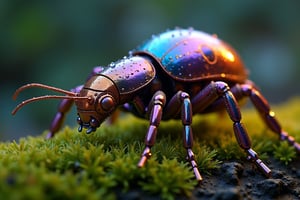 A close-up shot of a robotic "Argyroneta aquatica", crafted from ultra-detailed metallic pieces in vibrant colors, situated on a humid mossy surface. The robot's body glistens with tiny rivulets of condensation, resembling delicate veins, as dew droplets cling to its surface like microscopic jewels. The lighting is dimly lit, with a warm glow emanating from the surrounding environment, accentuating the intricate textures and metallic sheen.