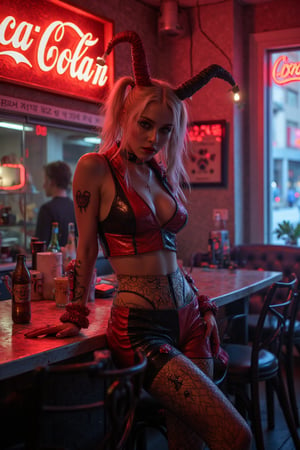 imagen completa de una sexy Harley Quinn con merchandising de la marca "CocaCola" al fondo un cartel de la misma marca y un letrero de neon con el texto "Riky.IA" Imagen Hyper-realista 8k con altos detalles de IA
