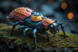 A close-up shot of a robotic Argyroneta aquatica, crafted from ultra-detailed metallic pieces in vibrant colors, situated on a humid mossy surface. The robot's body glistens with tiny rivulets of condensation, resembling delicate veins, as dew droplets cling to its surface like microscopic jewels. The lighting is dimly lit, with a warm glow emanating from the surrounding environment, accentuating the intricate textures and metallic sheen.