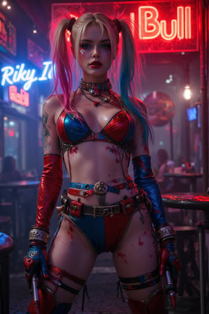 imagen completa de Harley Quinn de espaldas con los colores y logotipo de publicidad de la marca "RedBull" al fondo un cartel de la misma marca y un letrero de neon con el texto "Riky.IA" Imagen Hyper-realista 8k con altos detalles de IA
