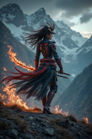 una mujer muy sexy de pie en la cima de una montaña nevada con una espada de fuego, very beautiful cyberpunk samurai, la guerra nocturna se desata detrás de él, Gran composición cinematográfica, tendencia en CGSociety art, tendencia en artstation.', tendencia en CGSociety, [ tendencia en CGSociety ]!!, composición intrincada y épica, Beeple cinematográfico, Imagen Hyper-realista 8K