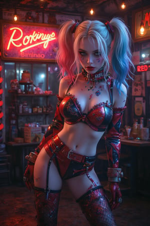 imagen completa de Harley Quinn muy sexy con los colores y logotipo de publicidad de la marca "McDonald's", al fondo un cartel de la misma marca y un letrero de neon con el texto "Riky.IA" Imagen Hyper-realista (k con altos detalles de IA
