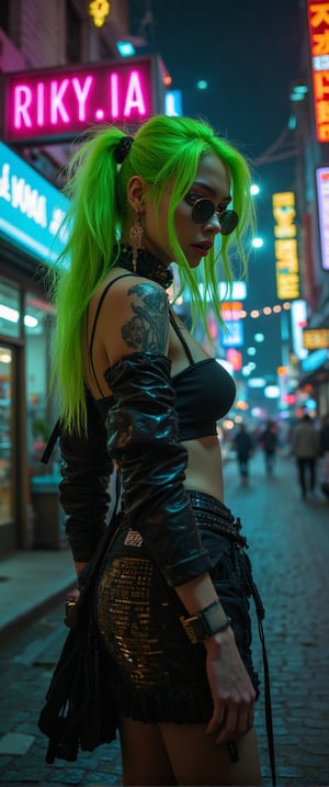 una sexy GREEN HAIR mujer con un atuendo muy sexy futurista posando en una ciudad, Cyberpunk 2 0 años. o model girl, judy alvarez ciberpunk, cyberpunk beautiful girl, ambiente ciberpunks, un cartel de neon con el texto "Riky.IA" estilo de arte ciberpunk, chica sexy ciberpunk, cyberpunk angry gorgeous goddess, brillante resplandor ciberpunk, ambiente ciberpunk, ropa sexy estilo cyberpunk, in estilo cyberpunk sexy , estilo cyberpunk, mujeres sexy  ciberpunk, Arte con temática ciberpunk, colores vibrantes ciberpunk unreal engine 5 quality render , enojado 8 k