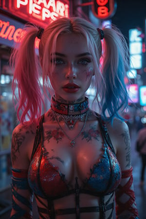 imagen completa de Harley Quinn muy sexy con los colores y logotipo de publicidad de la marca "Pepsi", al fondo un cartel de la misma marca y un letrero de neon con el texto "Riky.IA" Imagen Hyper-realista (k con altos detalles de IA
