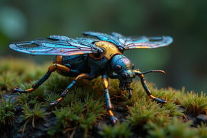 A 8K realistic image of an Empusa pennata, crafted from ultra-detailed robotic parts with metallic sheens in vibrant colors. The insect sits atop a bed of damp moss, its body glistening with dew droplets that refract the soft, diffused light. Framed against a subtle greenish hue, the subject's iridescent wings and shimmering exoskeleton seem to radiate an otherworldly glow, as if infused with microscopic life.