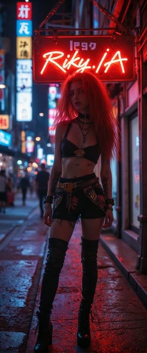 una sexy RED HAIR mujer con un atuendo muy sexy futurista posando en una ciudad, Cyberpunk 2 0 años. o model girl, judy alvarez ciberpunk, cyberpunk beautiful girl, ambiente ciberpunks, un cartel de neon con el texto "Riky.IA" estilo de arte ciberpunk, chica sexy ciberpunk, cyberpunk angry gorgeous goddess, brillante resplandor ciberpunk, ambiente ciberpunk, ropa sexy estilo cyberpunk, in estilo cyberpunk sexy , estilo cyberpunk, mujeres sexy  ciberpunk, Arte con temática ciberpunk, colores vibrantes ciberpunk unreal engine 5 quality render , enojado 8 k