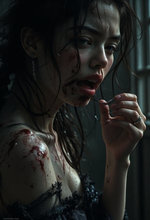 Imagen Hyper-realista de una sexy mujer, grita, horror, monstruos, tentáculos, fantasmas, gritos, horror, atmósfera oscura, humo negro, sudor, sangre, contraste, surrealista. Una mujer muy sexy desnuda asustada llorando y gritando ,ojos muy abiertos de espanto, saca la mano como pidiendo ayuda intentando salir de la cacofonía de pesadilla que la rodea. Monstruos grotescos con fauces abiertas y miembros retorcidos gritan en silencio, con los rostros contorsionados de rabia. Tentáculos sombríos y espectros etéreos se arremolinan amenazadoramente alrededor de su cabeza. Imegen Hyperrealista 8K muy alta calidad y definicion.