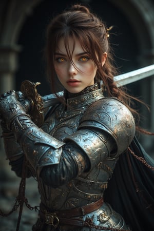 "4K anime style quality, digital drawing mode, fierce warrior with long brown hair tied into a braid, glowing amber eyes, wearing gleaming silver armor with intricate engravings, wielding a two-handed sword, standing at the entrance of a dark dungeon, radiant skin with battle scars, determined and focused expression, full body, dynamic pose as she holds her sword over her shoulder, life size, perfect anatomy, detailed skin texture, full HD, 4K, HDR, perfect anatomy, depth of field." 
