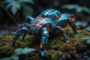 A close-up shot of a robotic "Argyroneta aquatica", crafted from ultra-detailed metallic pieces in vibrant colors, situated on a humid mossy surface. The robot's body glistens with tiny rivulets of condensation, resembling delicate veins, as dew droplets cling to its surface like microscopic jewels. The lighting is dimly lit, with a warm glow emanating from the surrounding environment, accentuating the intricate textures and metallic sheen.