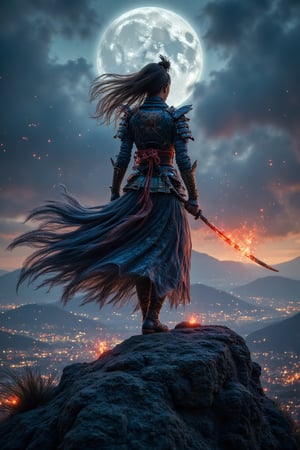 una mujer muy sexy de pie en la cima de una montaña con una espada, very beautiful cyberpunk samurai, la guerra nocturna se desata detrás de él, Gran composición cinematográfica, tendencia en CGSociety art, tendencia en artstation.', tendencia en CGSociety, [ tendencia en CGSociety ]!!, composición intrincada y épica, Beeple cinematográfico, Imagen Hyper-realista 8K