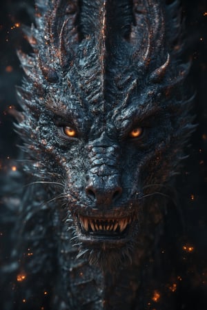 Un dragón con ojos rojos y dientes afilados está parado en la oscuridad., , alduin, Dragón negro, drogon, dragón con cicatrices, Un majestuoso dragón gótico, Dragón en el fondo fuego y llamas, dragón épico, cara de dragón, Dracónico,, retrato de un dragón, dragon, , jormungandr