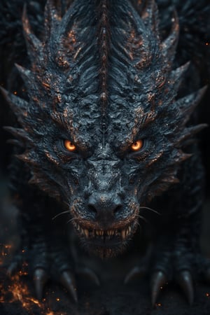 Un dragón completo negro con ojos rojos y dientes afilados está parado en la oscuridad., , alduin, Dragón negro, drogon, dragón con cicatrices, Un majestuoso dragón gótico, Dragón en el fondo fuego y llamas, dragón épico, cara de dragón, Dracónico,, , jormungandr