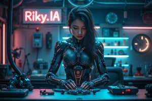 Una imagen 8K hyoer realista de una mujer asiatica, muy bella y sexy, en un laboratorio futurista, con luces de neon y un cartel con el texto "Riky.IA", esta reparando sobre una mesa, una parte superior de un Cyborg, se ve con todo detalle las piezas del cyborg y en la mesa nhay piezas de recambio.