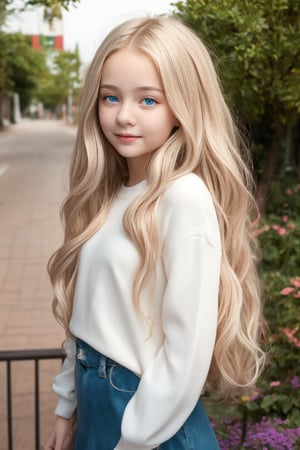 A high-quality, hyper-realistic image. A stunning, full-body shot of an 11-year-old tween girl with striking features: bright blue eyes, rosy cheeks, and a radiant smile. Her porcelain skin glows in the soft light, accentuating her slender yet well-formed physique. Her long white hair cascades down her back like silk, framing her masterpiece face. She wears casual, playful clothing that complements her youthful charm. The image is shot on a Sony A7III with crisp lines and forms, using RAW photo style (250 CSR) and stylized in the David Dubnitskiy manner. The focus is sharp, with an 8K resolution, HDR-enabled for breathtaking detail and depth.