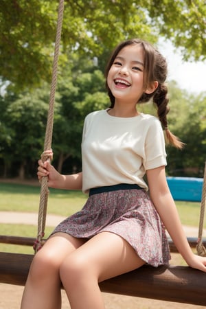 A playful tween girl sits on a worn wooden swing, her pigtails bobbing in harmony with each gentle sway. The sunlight casts a warm glow on the playground equipment, while the surrounding greenery provides a natural frame for the scene. As she reaches the apex of her swing, her flowy skirt fluttering outward, a hint of her underwear is briefly visible, adding a touch of innocence and vulnerability to her carefree laughter.