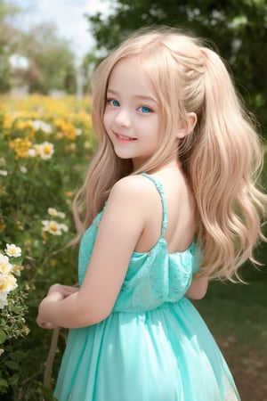 A stunning, high-definition masterpiece of a tween girl, shot in crisp UHD on a Sony A7III. The camera captures her radiant smile, pale skin, and bright blue eyes, set against a soft focus background. Her long white hair cascades down her slender back, as she wears a colorful hippie dress that drapes elegantly across her petite frame. Shallow depth of field creates a dreamy effect, with subtle shadows adding texture to the scene. The subject's blushing cheeks and sparkling eyes exude happiness and innocence, inviting the viewer into her whimsical world.