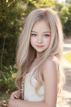 A stunning, high-definition masterpiece of a tween girl, shot in crisp UHD on a Sony A7III. The camera captures her radiant smile, pale skin, and bright blue eyes, set against a soft focus background. Her long white hair cascades down her slender back, as she wears a colorful hippie dress that drapes elegantly across her petite frame. Shallow depth of field creates a dreamy effect, with subtle shadows adding texture to the scene. The subject's blushing cheeks and sparkling eyes exude happiness and innocence, inviting the viewer into her whimsical world.